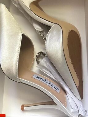 Jimmy Choo Ivory Satin Pointed Toe Stiletto Heels with Crystal Accent